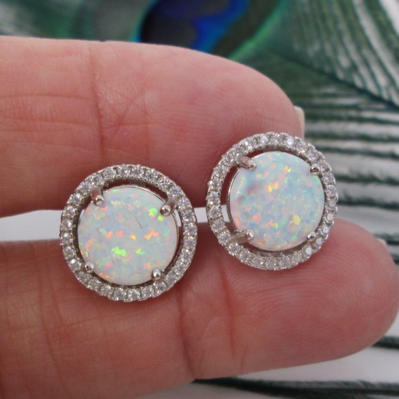 Opal Halo Stud Earrings>White Opal Stud Earrings,Classic Sterling Opal Earrings - Picture 1 of 3